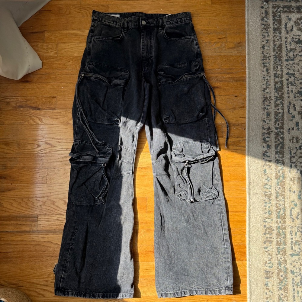 Zara Man Utility Cargo Jeans 32 Black Acid Wash Baggy Multi Pocket Y2K Grunge